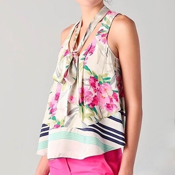 Elizabeth & James Floral Silk Charmeuse Tie Neck Sleeveless Blouse Top - Picture 4 of 13